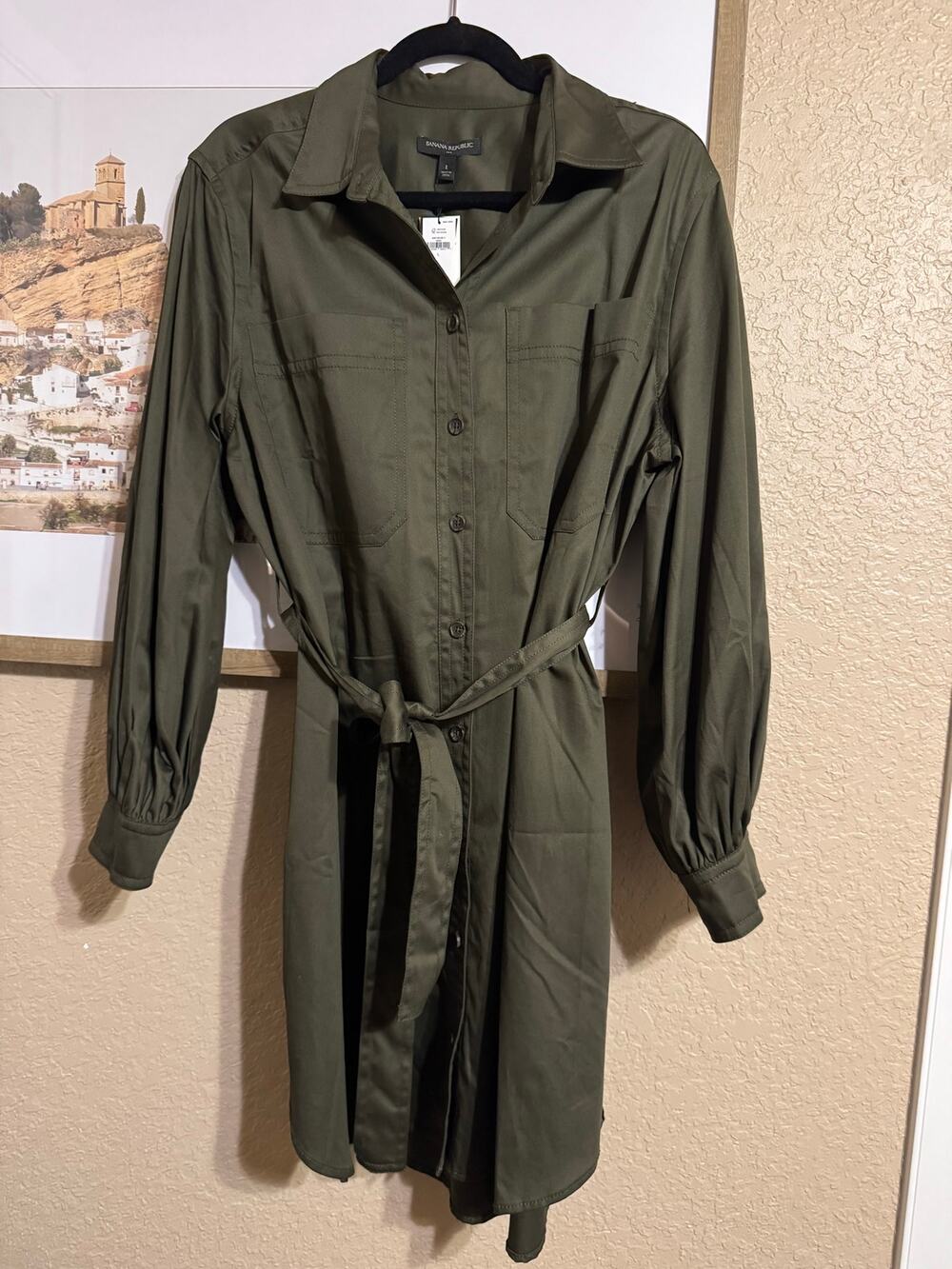 NWT Banana Republic Twill Mini Olive Green Shirtdress Large